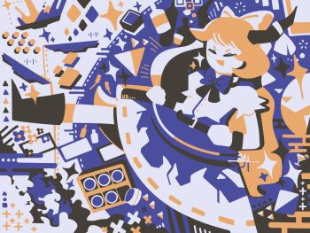  1girl belt boots bottle bow bowtie bracelet commentary cup english_commentary facing_ahead foot_out_of_frame highres horn_ornament horn_ribbon horns ibuki_suika jewelry leg_up limited_palette long_hair masu muted_color no_lineart open_mouth ribbon ribbon-trimmed_skirt ribbon_trim sakazuki shirt short_sleeves skirt smile sparkle thatpebble torn_clothes torn_sleeves touhou walking 