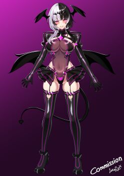  1girl absurdres adapted_costume alternate_costume black_gloves black_hair blush breasts clothing_cutout corruption cosplay covered_navel dark_persona demon_tail demon_wings elbow_gloves full_body garter_straps gloves grey_hair hair_ornament head_wings heart_cutout high_heels highleg highres hololive hololive_english hypnosis kouyoku_senki_exs-tia large_breasts latex leiva leotard liberator_yuri_(exs-tia) liberator_yuri_(exs-tia)_(cosplay) looking_at_viewer mind_control multicolored_hair pink_eyes pubic_tattoo pubic_tattoo_through_clothing purple_background purple_eyes see-through_clothes shiori_novella skirt smile solo split-color_hair standing tail tattoo thighhighs two-tone_hair variant_set virtual_youtuber white_hair wings 