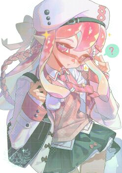  1girl ? bag beads beret black_bag black_skirt bow braid collared_shirt cowboy_shot foamamm hair_beads hair_bow hair_ornament hairclip hat highres holding_strap inkling inkling_girl inkling_player_character jacket long_hair long_sleeves looking_at_viewer necktie nintendo open_clothes open_jacket parted_lips pink_bow pink_eyes pink_hair pink_necktie pink_sweater_vest pointy_ears sample_watermark shirt shoulder_bag sidelocks single_braid skirt solo speech_bubble splatoon_(series) spoken_question_mark sweater_vest tentacle_hair tie_clip watermark white_hat white_jacket white_shirt 