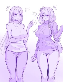  ... 2girls akazuan_19 alternate_costume alternate_universe artist_name blunt_bangs blush collarbone commentary contemporary english_commentary genshin_impact gradient_background hair_ornament happy highres honkai_(series) honkai_impact_3rd housewife in-franchise_crossover long_hair long_sleeves looking_at_another looking_to_the_side mihoyo mole mole_under_eye monochrome multiple_girls open_mouth pants purple_background raiden_mei raiden_mei_(apho) raiden_shogun sawashiro_miyuki speech_bubble standing sweater twitter_username upper_body voice_actor_connection 