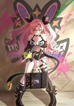  1girl ama_rinngoo bangboo_(zenless_zone_zero) black_boots black_ribbon black_shorts boots breasts commentary_request crop_top earrings full_body green_eyes hair_ornament hair_ribbon hairclip heart heart_earrings highres holding holding_suitcase jewelry long_hair looking_at_viewer micro_shorts mole mole_on_breast nicole_demara pink_hair ribbon shorts single_thighhigh solo strapless suitcase taunting thighhighs tongue tongue_out torn_clothes torn_thighhighs tube_top two_side_up v white_tube_top zenless_zone_zero 