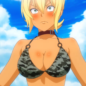  1girl anime_screenshot bare_shoulders bikini blonde_hair blush breasts buckle camouflage camouflage_bikini choker cleavage closed_mouth cloud cloudy_sky collar collarbone constricted_pupils dark-skinned_female dark_skin day female_focus green_eyes hair_between_eyes highres large_breasts leash looking_at_viewer mito_ikumi nervous o-ring o-ring_bikini outdoors red_choker red_collar shokugeki_no_souma short_hair sky solo standing stitched sweatdrop swimsuit third-party_edit tongue upper_body wide-eyed 