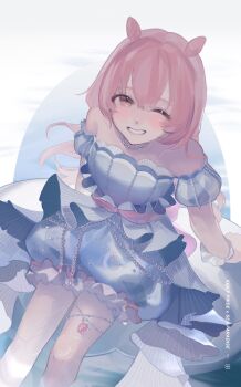  1girl ;d akazaki_kokoro arm_support arms_at_sides bare_arms bare_legs bare_shoulders blue_dress blue_skirt blush breasts bubble_skirt double-parted_bangs double_bun dress feet_out_of_frame frilled_dress frilled_skirt frills from_above grin hair_between_eyes hair_bun hair_intakes hashtag-only_commentary highres idoly_pride long_hair looking_at_viewer mooreroom off-shoulder_dress off_shoulder on_innertube one_eye_closed open_mouth pearl_choker pink_eyes pink_hair puffy_short_sleeves puffy_sleeves short_sleeves sidelocks simple_background sitting skirt small_breasts smile solo very_long_hair wading water white_background white_wrist_cuffs wrist_cuffs 