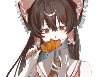  1girl ascot bow brown_hair commentary_request detached_sleeves eating food frilled_bow frilled_hair_tubes frills hair_bow hair_tubes hakurei_reimu highres holding holding_skewer kmbko055 long_hair pink_nails portrait red_bow red_eyes skewer solo touhou twitter_username yakitori yellow_ascot 