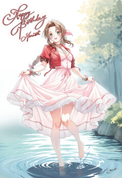  1girl aerith_gainsborough bare_legs barefoot blush bracelet braid braided_ponytail brown_hair choker clothes_lift commentary_request cropped_jacket dress dress_lift final_fantasy final_fantasy_vii final_fantasy_vii_remake flower_choker green_eyes happy_birthday highres jacket jewelry long_dress looking_at_viewer menchi_(pixiv) multiple_bracelets open_mouth parted_bangs pink_dress red_jacket smile solo stream thighs wading water 