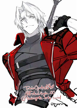  1boy belt closed_mouth dante_(devil_may_cry) devil_may_cry_(netflix) devil_may_cry_(series) gloves greyscale highres holding holding_weapon looking_at_viewer male_focus monochrome ogata_tomio shirt simple_background solo standing sword weapon white_background 