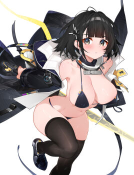  1girl arknights arknights:_endfield bikini bilingual_commentary black_bikini black_hair black_jacket black_shoes black_thighhighs blunt_bangs breasts commentary commentary_request covered_erect_nipples endministrator_(arknights) english_commentary female_endministrator_(arknights) grey_eyes highres holding holding_sword holding_weapon hood hooded_jacket jacket large_breasts looking_at_viewer mixed-language_commentary navel off_shoulder parted_lips reverse_grip revision shoes short_hair simple_background solo stomach string_bikini swimsuit sword thighhighs waterring weapon white_background 