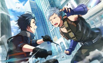  2boys asch_albright backpack bag belt black_gloves black_hair blue_gloves building earrings fingerless_gloves gloves gray_reverse grey_hair helios_rising_heroes highres holding holding_knife jewelry knife looking_at_another male_focus multiple_boys official_art open_mouth orange_eyes outdoors sky teeth 