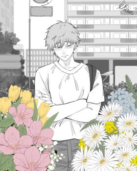  1boy balon building chainsaw_man closed_mouth collarbone commentary crew_neck crossed_arms denji_(chainsaw_man) flower flower_request highres leaf looking_to_the_side male_focus one_eye_closed outdoors pants pink_flower plant shirt short_hair short_sleeves sideways_glance solo symbol-only_commentary tree tulip white_flower yellow_flower 