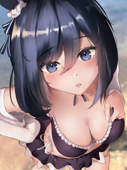  1girl adjusting_clothes adjusting_swimsuit animal_ears bikini bikini_skirt black_bikini black_hair blue_eyes bob_cut breasts cleavage closed_mouth commentary_request eishin_flash_(umamusume) frilled_bikini frills from_above highres horse_ears horse_girl large_breasts looking_at_viewer medium_hair open_mouth solo swept_bangs swimsuit uechin_ewokaku umamusume 