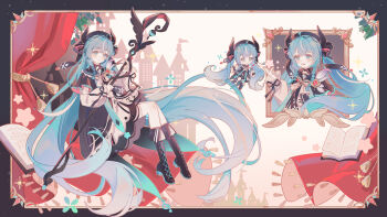  1girl absurdly_long_hair absurdres aqua_eyes aqua_hair bg5120 black_boots book boots collarbone commentary_request dress fake_horns hair_between_eyes hair_ornament hatsune_miku highres holding holding_scepter horns long_hair long_sleeves looking_at_viewer musical_staff scepter summoner_miku_(z6) twintails very_long_hair vocaloid white_dress 