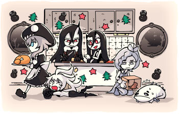  5girls abyssal_pacific_princess abyssal_ship apron battleship_princess battleship_water_oni christmas commission cooking decorations drooling food highres horns kantai_collection knife maid mouth_drool multiple_girls new_battleship_princess pale_skin panettone_(food) setz single_horn turkey_(food) white_apron wo-class_aircraft_carrier 