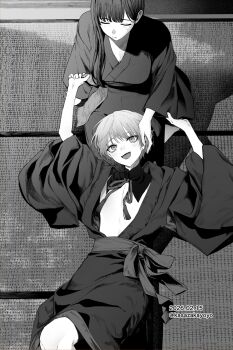  1boy 1girl 2026 age_difference anniversary arms_up bishounen blunt_bangs blush breasts chinikuniku cleavage closed_eyes closed_mouth clothes_grab commentary cowboy_shot dated detached_collar fangs from_above grabbing_another's_sleeve greyscale hair_behind_ear hand_on_another's_head hand_on_floor happy hetero highres indoors japanese_clothes kimono knee_up lap_pillow large_breasts long_hair long_sleeves looking_at_another lying monochrome neck_ribbon no_nipples obi official_artist_extra on_back on_floor onee-shota open_clothes open_kimono open_mouth pectorals ribbon sash seiza short_hair sitting smile straight_hair sweatdrop tassel tatami tenshi-sama tenshi_tsuki twitter_username u_u wide_sleeves yatoya_tomoe yukata 