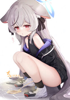  1girl absurdres animal_ears black_socks blue_archive commentary_request dress flasher_(flasher_ura) grey_hair halo highres kokona_(blue_archive) loli long_hair multicolored_hair pee peeing red_eyes shoes socks solo squatting streaked_hair striped_clothes striped_dress variant_set vertical-striped_clothes vertical-striped_dress  rating:Questionable score:33 user:danbooru
