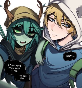  1boy 1girl absurdres adventure_time arrow_(projectile) blonde_hair blue_eyes blue_skirt branch closed_mouth commentary english_commentary finn_the_human green_bag green_eyes green_hair hat highres huntress_wizard i_think_we're_gonna_have_to_kill_this_guy_steven_(meme) looking_at_viewer meme mikuneki open_mouth scarf skirt speech_bubble teeth white_hat 