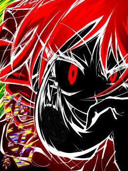  1girl black_sclera black_skin close-up colored_sclera colored_skin commentary drill_hair fingerprint hair_between_eyes highres irregular_man_(synthesizer_v) kasane_teto looking_at_viewer medium_hair q_spla red_eyes red_hair smear_frame solo synthesizer_v twin_drills utau v-shaped_eyebrows 