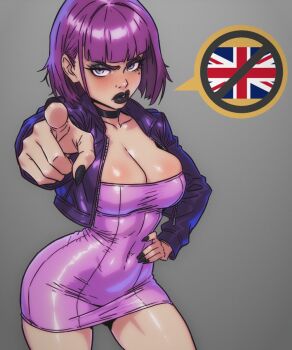  1girl 2026 amelia_(pathways) blunt_bangs bob_cut breasts choker cleavage commentary contrapposto covered_navel cowboy_shot cropped_legs csaurageul dress english_commentary female_focus fingernails gradient_background hand_on_own_hip highres jacket large_breasts mole mole_under_eye navel pathways_(game) pointing pointing_at_viewer purple_dress purple_eyes purple_hair purple_jacket purple_lips purple_nails serious sharp_fingernails short_hair simple_background solo standing thick_lips thick_thighs thighs union_jack v-shaped_eyebrows  rating:Sensitive score:20 user:Itwyug3