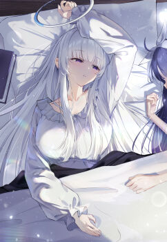  2girls absurdres blanket blue_archive book breasts frilled_pajamas frills hairband halo highres long_sleeves mechanical_halo multiple_girls nightgown noa_(blue_archive) noa_(pajamas)_(blue_archive) official_alternate_costume pajamas pillow purple_eyes purple_hair sangnoksu sleeping sleepwear under_covers upper_body white_hair white_hairband white_halo white_nightgown white_pajamas yuuka_(blue_archive) yuuka_(pajamas)_(blue_archive) 