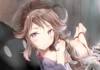 1girl absurdres animal_ears arknights ass barefoot bed bed_sheet blush boots unworn_boots breasts brown_hair unworn_clothes eyjafjalla_(arknights) highres horns indoors large_breasts long_hair looking_at_viewer lying on_stomach pout purple_eyes ribbon sheep_horns stuffed_toy wall yukiaka rating:Sensitive score:59 user:danbooru
