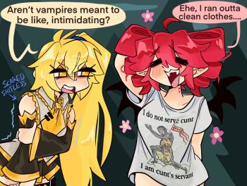  2girls ahoge akita_neru bat_wings bite_mark bite_mark_on_neck blonde_hair blush closed_eyes collarbone detached_sleeves drill_hair english_text fangs highres kasane_teto kecchi0 looking_at_another multiple_girls necktie open_mouth print_shirt red_hair shirt side_ponytail speech_bubble twin_drills utau vampire vocaloid wings yellow_necktie  rating:Sensitive score:6 user:danbooru