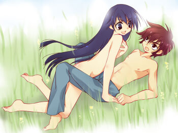  2boys devilman gakuen_taikutsu_otoko grass long_hair male_focus midou_tatsuma multiple_boys red_hair saotome_mondo shota trap violence_jack yaoi 