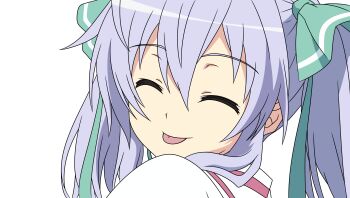  1girl ^_^ blue_hair closed_eyes derivative_work female_focus hair_ribbon highres ribbon simple_background smile solo tachibana_isana tongue tongue_out vector_trace yumekui_merry  rating:Sensitive score:6 user:raki