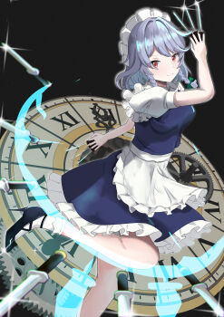  1girl absurdres apron arm_up between_fingers black_background black_shoes blue_light blue_skirt blue_vest clock closed_mouth commentary dagger energy_dagger ffjv7422 frilled_skirt frills glint grey_hair highres holding holding_dagger holding_knife holding_weapon izayoi_sakuya knife knives_between_fingers leg_up looking_at_viewer maid_apron maid_headdress medium_hair puffy_short_sleeves puffy_sleeves red_eyes shirt shoes short_sleeves simple_background skirt smile socks solo swept_bangs touhou v-shaped_eyebrows vest weapon white_apron white_shirt white_socks 