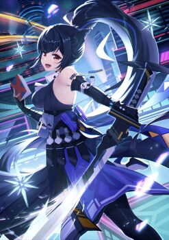  1girl absurdres arm_tattoo bare_shoulders black_gloves black_hair book breasts cityscape commentary_request dress eiryu33 elbow_gloves feet_out_of_frame from_side gloves high_ponytail highres holding holding_book holding_sword holding_weapon long_hair looking_at_viewer medium_breasts night open_mouth ponytail purple_dress red_eyes solo sword tattoo tower_of_fantasy very_long_hair weapon 
