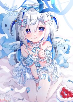  1girl absurdres amane_kanata aqua_ribbon aqua_wings arm_between_legs bare_shoulders birthday_cake blue_hair blue_halo blush cake choker colored_inner_hair commentary_request dress feathered_wings flat_chest food frilled_choker frilled_dress frills gradient_wings grey_hair hair_between_eyes hair_ornament halo happy_birthday highres hololive hosimiya_yume long_hair looking_at_viewer mini_wings multicolored_hair multicolored_wings pink_hair purple_eyes ribbon sitting sleeveless sleeveless_dress smile solo star_halo strawberry_cake streaked_hair thighhighs tilted_halo upao_(amane_kanata) virtual_youtuber wariza white_thighhighs white_wings wing_hair_ornament wings 