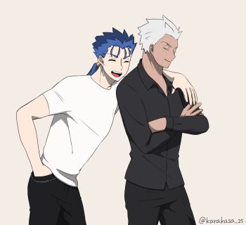  2boys archer_(casual_wear)_(fate) archer_(fate) arm_around_neck blue_hair closed_eyes colored_eyelashes commentary_request crossed_arms cu_chulainn_(casual_wear)_(fate) cu_chulainn_(fate) cu_chulainn_(lancer)_(fate) dark-skinned_male dark_skin earrings fate/hollow_ataraxia fate_(series) grey_hair hand_in_pocket highres jewelry karakasa_25 leaning_forward low_ponytail male_focus multiple_boys open_mouth ponytail smile taittsuu_username 