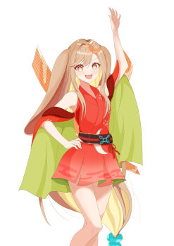  1girl absurdres animal_ears blonde_hair brown_eyes cho_kaguya-hime! clothing_cutout colored_inner_hair commentary crescent crescent_hair_ornament egasumi hagami_mio hair_ornament hand_on_own_hip highres japanese_clothes kaguya_(cho_kaguya-hime!) kimono long_hair multicolored_hair open_mouth rabbit_ears rabbit_girl red_kimono shoulder_cutout sidelocks simple_background solo teeth upper_teeth_only white_background 