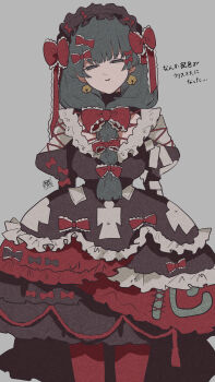  1girl absurdres adapted_costume black_bow black_choker black_dress black_hairband bow choker collar commentary_request cowboy_shot dress frilled_bow frilled_collar frilled_dress frilled_hairband frilled_ribbon frills front_ponytail gothic_lolita green_eyes green_hair hair_bow hairband half-closed_eyes head_tilt highres juliet_sleeves kagiyama_hina layered_skirt lolita_fashion long_hair long_sleeves looking_at_viewer mochitose_aguri paper_doll puffy_sleeves red_bow red_dress red_ribbon red_thighhighs ribbon shadow shikigami simple_background skirt smile solo thighhighs touhou two-tone_dress 