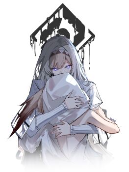  2girls animal_ears arknights backless_dress backless_outfit black_hairband brown_hair clinging commentary diamond-shaped_pupils diamond_(shape) dress fading grey_hair hairband hashtag-only_commentary hierda_(arknights) highres long_sleeves looking_at_viewer multiple_girls priestess_(arknights) prts_logo_(arknights) puffy_sleeves purple_eyes rabbit_ears signature simple_background sparks_summer symbol-shaped_pupils upper_body white_background white_dress white_hood 