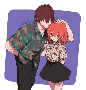  1boy 1girl alternate_costume black_eyes commentary_request fate/grand_order fate_(series) floral_print fujimaru_ritsuka_(female) hair_intakes hair_over_eyes hand_on_another's_head harada_sanosuke_(fate) highres medium_hair nama_(namapigd) orange_eyes orange_hair pants red_hair shirt short_hair skirt v 