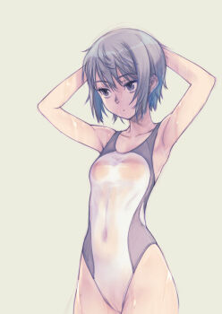  1girl branch_(blackrabbits) breasts collarbone commentary_request competition_swimsuit covered_navel cowboy_shot grey_background grey_eyes grey_hair highleg highleg_one-piece_swimsuit highres one-piece_swimsuit original see-through_clothes see-through_one-piece_swimsuit short_hair small_breasts swimsuit two-tone_swimsuit wet wet_clothes wet_swimsuit white_one-piece_swimsuit 