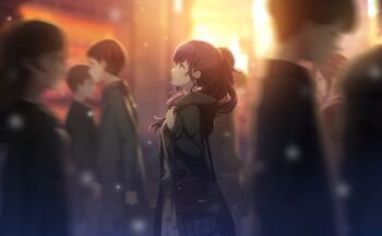  2boys 2others 3girls asahina_mafuyu black_cardigan black_jacket blurry blurry_background blurry_foreground bokeh cardigan city colorful_palette curly_sidelocks depth_of_field game_cg grey_skirt hair_ornament hair_over_shoulder hair_scrunchie hand_up high_ponytail highres jacket looking_up majiwaru_senritsu_tomoru_nukumori_(project_sekai) medium_hair miyamasuzaka_girls'_academy_school_uniform multicolored_eyes multiple_boys multiple_girls multiple_others official_art orange_scrunchie people ponytail profile project_sekai purple_eyes purple_hair school_uniform scrunchie skirt standing sunset third-party_source two-tone_eyes upper_body 