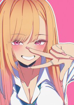  1girl absurdres blonde_hair blush breasts cleavage fingernails ganetto29 highres kitagawa_marin large_breasts long_fingernails long_hair parted_lips pink_background pink_eyes pink_nails shirt simple_background smile solo sono_bisque_doll_wa_koi_wo_suru upper_body w white_shirt 