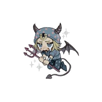  1boy blonde_hair blue_eyes blue_hat blue_shirt demon_tail full_body hat highres holding holding_polearm holding_weapon horns horseshoe johnny_joestar jojo_no_kimyou_na_bouken male_focus neg_50asu open_mouth pants polearm ringed_eyes shirt simple_background solo steel_ball_run tail weapon white_background 