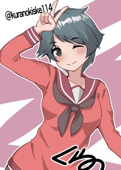  1girl artist_logo black_eyes black_hair black_neckerchief brown_sailor_collar commentary_request highres kantai_collection kurano_kisuke logo mogami_(kancolle) neckerchief one-hour_drawing_challenge one_eye_closed red_shirt sailor_collar sailor_shirt school_uniform serafuku shirt short_hair smile solo twitter_username 