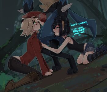  1boy 2girls :d all_fours animal_penis aqua_eyes arched_back back_peek bare_shoulders black_hair black_pants black_shoes black_socks black_tank_top blue_shorts bob_cut body_freckles boots breasts brown_boots brown_hair character_request closed_mouth commentary commission dark denim denim_shorts english_commentary english_text fallen_tree ffm_threesome foliage forest freckles frown full_body furry furry_male gen_4_pokemon green_eyes grey_socks group_sex hair_between_eyes hairband hand_on_another's_leg handjob hands_on_another's_head head_out_of_frame heart hetero highres imminent_fellatio interspecies jeans kasia_mikolajczyk_(silverfox442) knee_boots kneehighs kneeling knotted_penis long_sleeves looking_at_another looking_at_penis looking_up lucario medium_breasts midriff_peek multiple_girls narrowed_eyes nature naughty_face nintendo open_mouth original outdoors pants path penis penis_awe pokemon pokephilia red_sweater road rock shirt shoes short_hair short_shorts shorts shuuko_(s_h_uuko) sidelocks sleeveless sleeveless_shirt sleeves_past_wrists small_breasts smile sneakers socks standing steam steaming_body striped_clothes striped_socks sweater tank_top threesome tree turtleneck upper_body yellow_hairband 