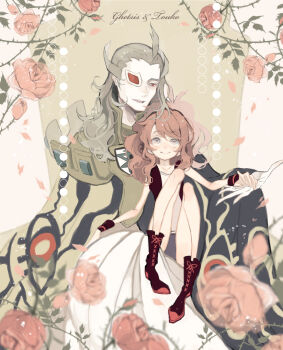  1boy 1girl age_difference aged_down behind_another black_boots black_vest black_wrist_cuffs blonde_hair blue_cloak blurry blurry_foreground boots border brown_background brown_cloak brown_hair character_name cloak facing_another falling_petals flower ghetsis_(pokemon) grey_eyes hair_slicked_back heads_together height_difference highres hilda_(pokemon) holding_hands knees_up leaning_on_person nintendo open_clothes open_vest ornate_border petals plant pokemon pokemon_bw ponytail red_eyes red_flower red_rose rose scouter shirt sitting sleeveless sleeveless_shirt smile swept_bangs thorns two-tone_cloak uenoike_(194753) vest vines white_background white_shirt wrist_cuffs 