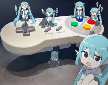  >_< 6+girls aqua_hair aqua_necktie aqua_trim arm_up auhuheben17 black_boots black_eyes blush boots clone collared_shirt commentary_request controller detached_sleeves game_controller hair_ornament hatsune_miku knees_up long_hair looking_at_another looking_at_viewer motion_lines multiple_girls necktie open_mouth photo_background pointing pov raised_eyebrows shirt sitting sitting_on_object sleeveless sleeveless_shirt super_famicom_controller sweatdrop thigh_boots translation_request twintails very_long_hair vocaloid walking wariza white_shirt 