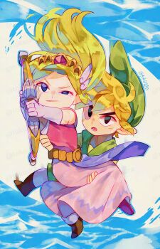  1boy 1girl adversarial_noise artist_name blonde_hair boots bow_(weapon) brown_boots carrying closed_mouth commentary_request dress elbow_gloves full_body gem gloves green_hat green_tunic hat highres holding holding_bow_(weapon) holding_weapon link long_hair nintendo open_mouth pants pink_dress princess_carry princess_zelda red_gemstone short_hair the_legend_of_zelda the_legend_of_zelda:_the_wind_waker tiara tokuura toon_link toon_zelda tunic watermark watermark_grid weapon white_gloves white_pants 