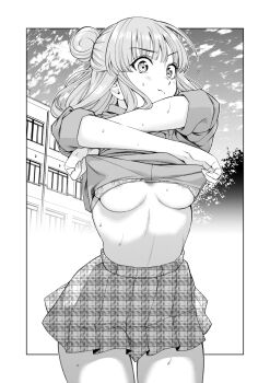  1girl :t areola_slip bra bra_lift breasts building closed_mouth clothes_lift commentary_request commission cowboy_shot greyscale hair_bun highres hoshino_me_wo_tsubutte. hoshino_misaki inset_border lifting_own_clothes light_blush looking_at_viewer medium_breasts medium_hair monochrome nagashii_kouhei outside_border plaid_clothes plaid_skirt pleated_skirt pout skeb_commission skirt sleeves_pushed_up solo standing sweat sweater sweater_lift underwear undressing v-shaped_eyebrows 