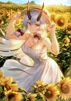  1girl absurdres bare_shoulders bow breasts cleavage closed_mouth day dress fate/grand_order fate_(series) flower hair_bow hair_ornament hat highres horns long_hair looking_at_viewer mashutarou_(neko_no_oyashiro) medium_breasts outdoors red_eyes scan sleeveless smile solo sunflower tomoe_gozen_(fate)  rating:Sensitive score:29 user:danbooru
