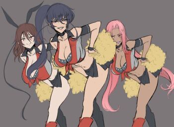  3girls black_hair black_skirt breasts brown_eyes brown_hair cheerleader cleavage dark-skinned_female dark_skin female_focus igawa_asagi ingrid_(taimanin_asagi) large_breasts long_hair matching_hair/eyes midriff mizuki_shiranui mole mole_under_mouth multiple_girls navel pink_hair pom_pom_(cheerleading) ponytail purple_lips shindol skirt smile taimanin_(series) taimanin_yukikaze  rating:Questionable score:73 user:jojosstand