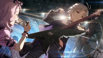  2girls antenna_hair black_collar black_jacket black_nails black_pants cellphone closed_eyes collar commentary_request electric_guitar facing_another fingernails game_cg guitar holding holding_guitar holding_instrument holding_phone holding_plectrum idolmaster idolmaster_(classic) idolmaster_million_live! idolmaster_million_live!_theater_days indoors instrument jacket kikuchi_makoto long_sleeves miyao_miya multiple_girls music nail_polish official_alternate_costume official_alternate_hair_color official_art pants phone pink_hair playing_guitar playing_instrument plectrum recording smartphone standing third-party_source white_hair 