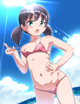  10s 1girl armpits beach bikini bikini_pull black_hair blue_sky blush bubukka clothes_pull cloud commentary_request day female_focus flat_chest green_eyes hand_on_own_hip harukana_receive hot lens_flare looking_at_viewer navel ocean open_mouth outdoors pink_bikini purple_hair short_hair short_twintails sky solo standing sun sunagawa_mai sunlight sweat swimsuit teasing twintails water 