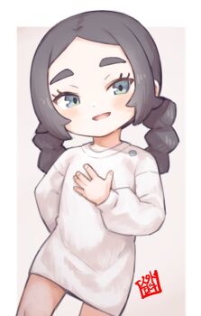 1girl alternate_costume ansha_(pokemon) arm_behind_back blue_eyes blush braid cowboy_shot facing_viewer grey_hair hand_on_own_chest jingai_modoki looking_at_viewer nintendo open_mouth pokemon pokemon_legends:_z-a smile solo