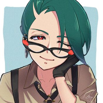  1girl black-framed_eyewear black_gloves bright_pupils brown_shirt collarbone collared_shirt commentary_request earrings eyelashes glasses gloves green_hair hand_up head_rest head_tilt highres jewelry meru_merume603 mixed-language_commentary nintendo one_eye_closed orange_eyes pokemon pokemon_scarlet_and_violet rika_(pokemon) shirt short_hair signature solo suspenders upper_body white_pupils 